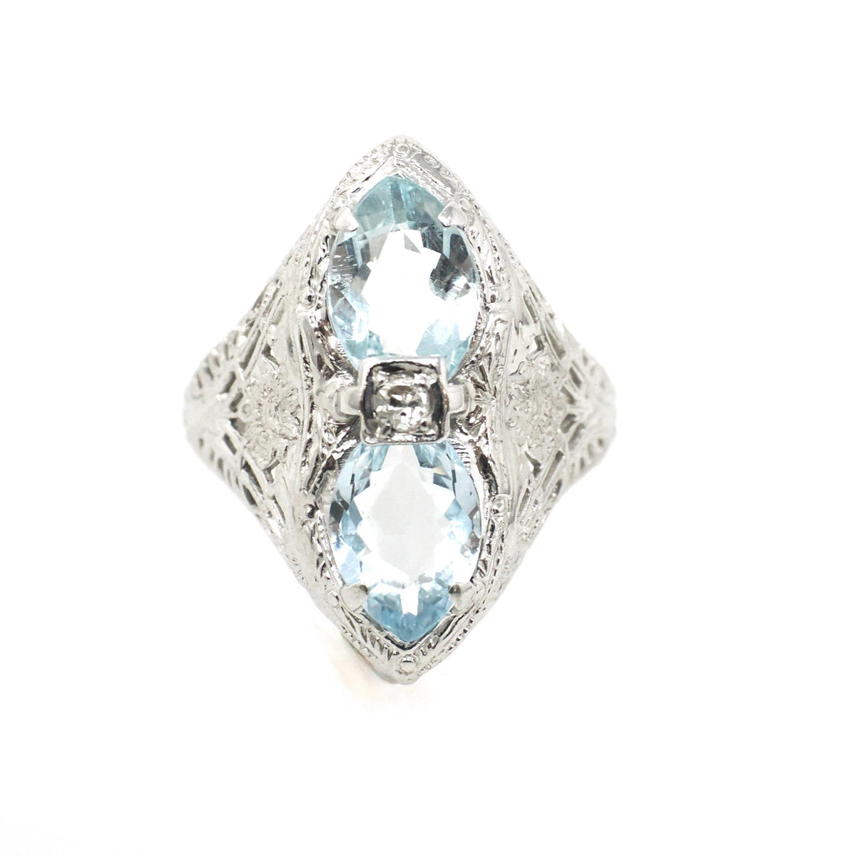 Vintage Aquamarine Ring - Art Deco 14k White Gold Natural Blue Marquise Hourglass Gemstones - Circa 1930s Era Size 4 Filigree Fine Jewelry