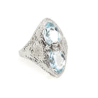 Vintage Aquamarine Ring - Art Deco 14k White Gold Natural Blue Marquise Hourglass Gemstones - Circa 1930s Era Size 4 Filigree Fine Jewelry