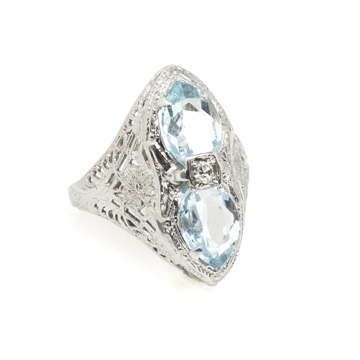 Vintage Aquamarine Ring - Art Deco 14k White Gold Natural Blue Marquise Hourglass Gemstones - Circa 1930s Era Size 4 Filigree Fine Jewelry