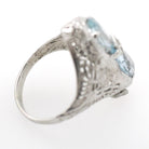 Vintage Aquamarine Ring - Art Deco 14k White Gold Natural Blue Marquise Hourglass Gemstones - Circa 1930s Era Size 4 Filigree Fine Jewelry