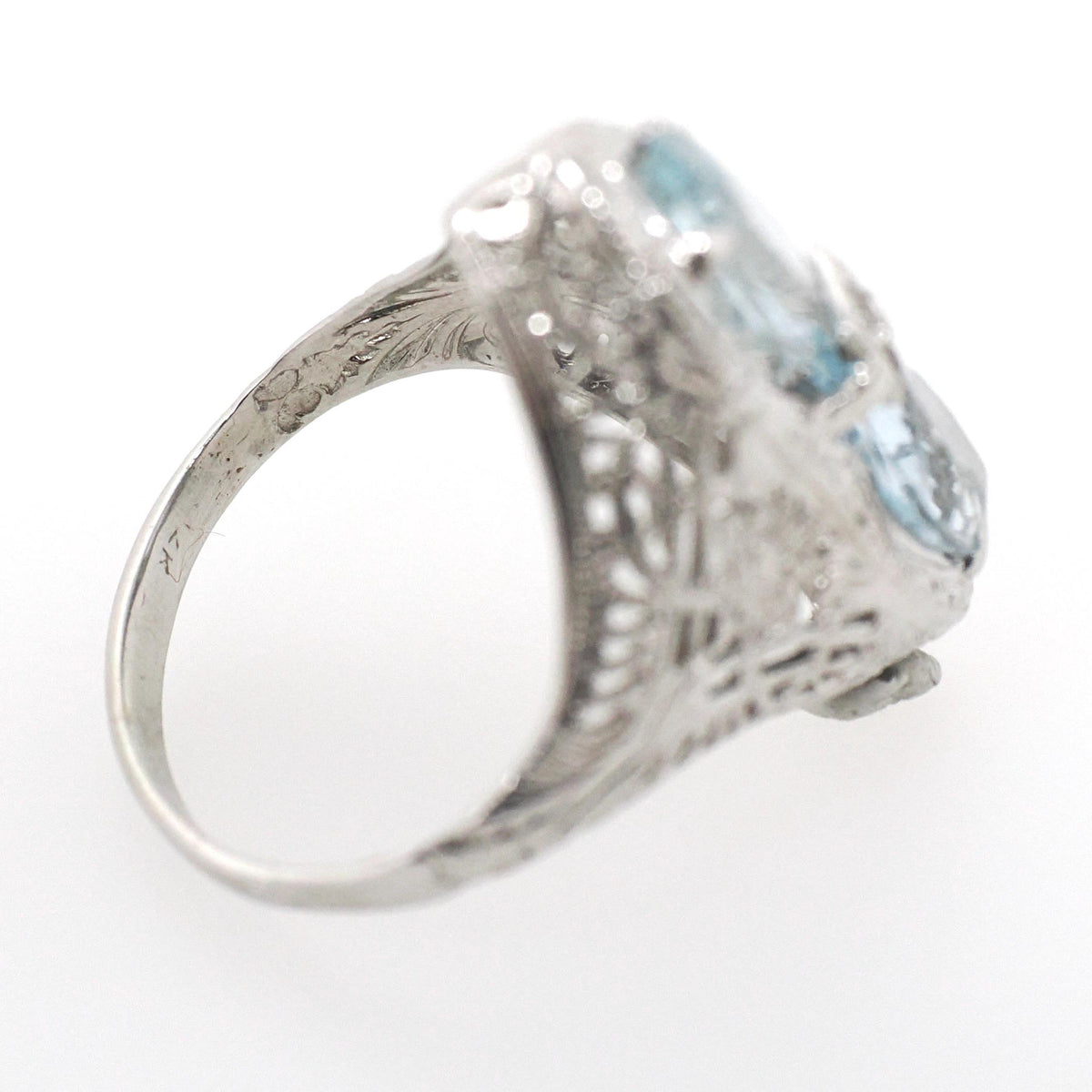 Vintage Aquamarine Ring - Art Deco 14k White Gold Natural Blue Marquise Hourglass Gemstones - Circa 1930s Era Size 4 Filigree Fine Jewelry