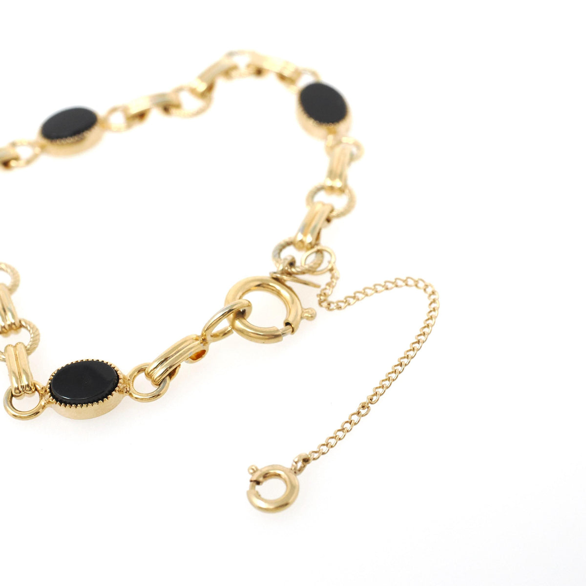 Vintage Onyx Bracelet - Modernist 12k Gold Filled Natural Oval Black Chalcedony Gemstone Links - Circa 1960s 7 Inches Safety Chain Jewelry