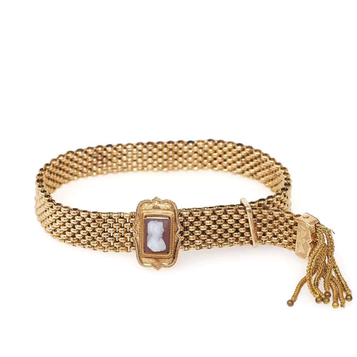 Antique Mesh Bracelet - Victorian Gold Filled Adjustable Woven Tassel Sardonyx Cameo Statement - Circa 1890s Era Carved Woman Fine Jewelry