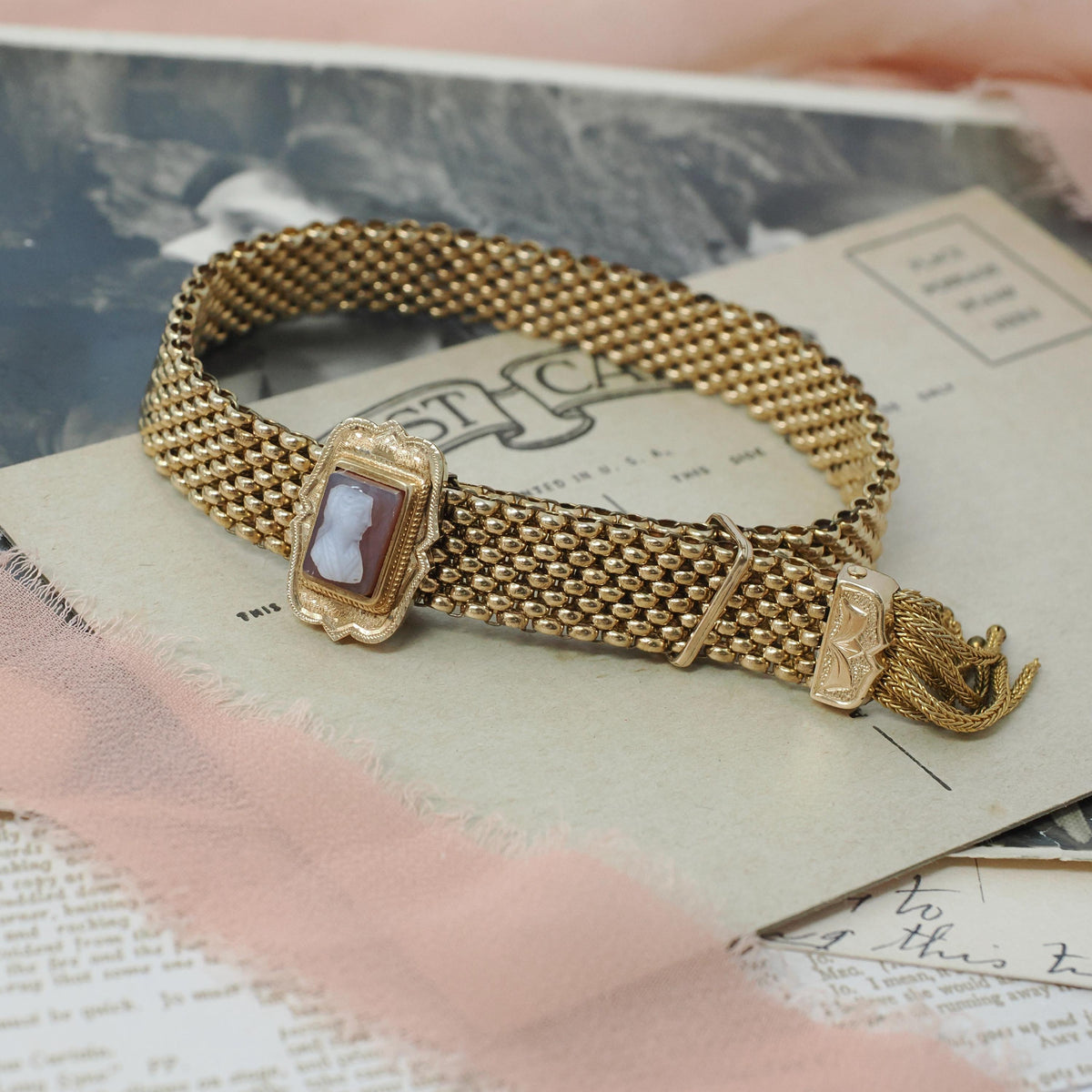 Antique Mesh Bracelet - Victorian Gold Filled Adjustable Woven Tassel Sardonyx Cameo Statement - Circa 1890s Era Carved Woman Fine Jewelry