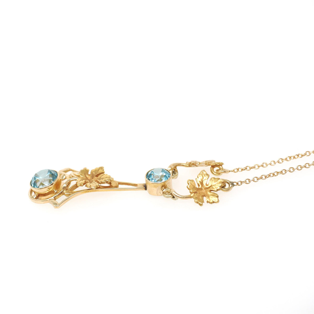 Vintage Zircon Lavalier - Retro 14k Yellow Gold Blue Round Faceted 1.95 CTW Gemstone Necklace - Circa 1940s Era Fine Statement Jewelry