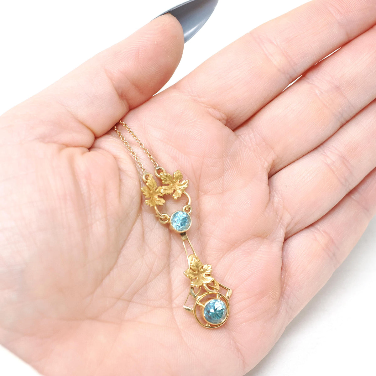 Vintage Zircon Lavalier - Retro 14k Yellow Gold Blue Round Faceted 1.95 CTW Gemstone Necklace - Circa 1940s Era Fine Statement Jewelry