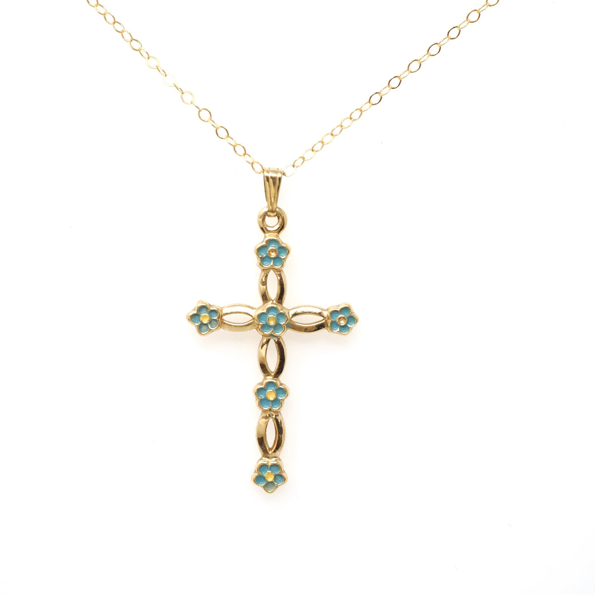 Vintage Cross Necklace - Mid Century 12k Gold Filled Blue Floral Enamel Pendant Charm - Circa 1960s Era Statement Religious Faith Jewelry