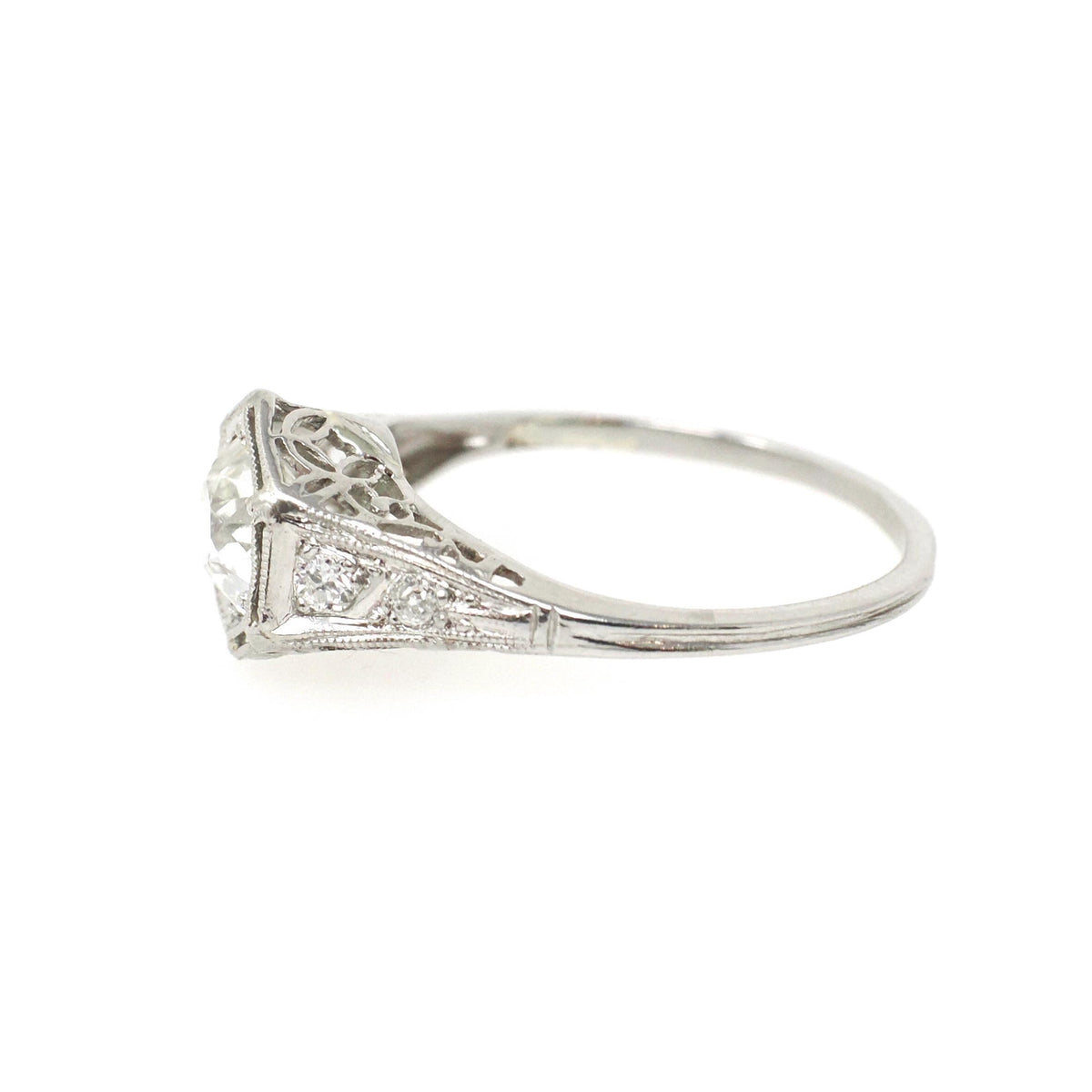 0.97 ct Old European Cut Diamond Ring - Platinum 1.14 CTW Natural Diamond Filigree Engagement - Circa 1920s Era Size 7 1/4 Hex Fine Jewelry