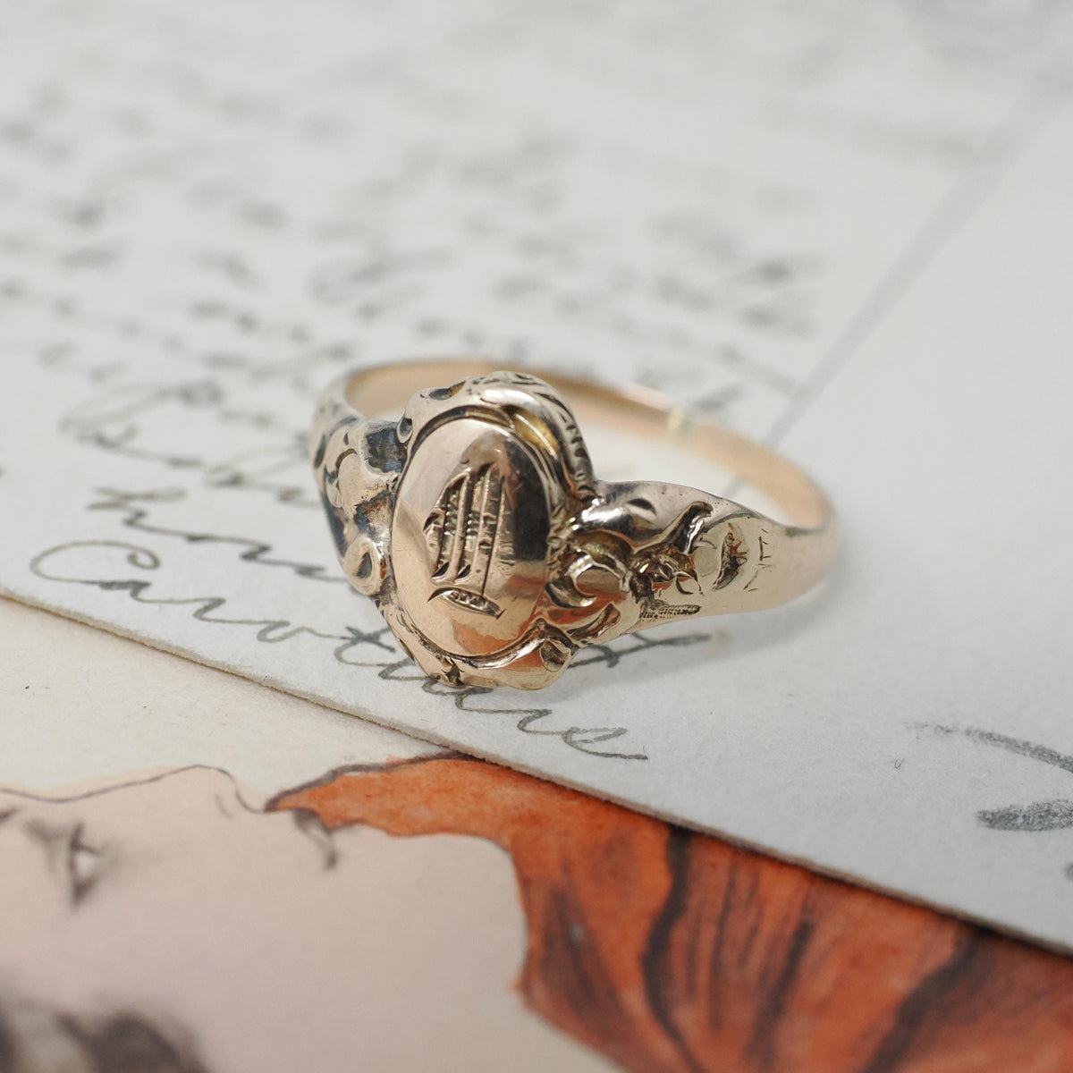 Edwardian Signet Ring - Art Nouveau 10k Yellow Gold Letter "L" Engraved Initial - Antique Circa 1910s Era Size 6.5 Old English Fine Jewelry