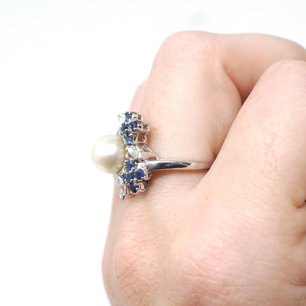 Vintage Pearl Ring - Mid Century 14k White Gold Cultured Organic Gem Blue Sapphire & Diamond Accents - Circa 1960s Size 7 1/4 Fine Jewelry