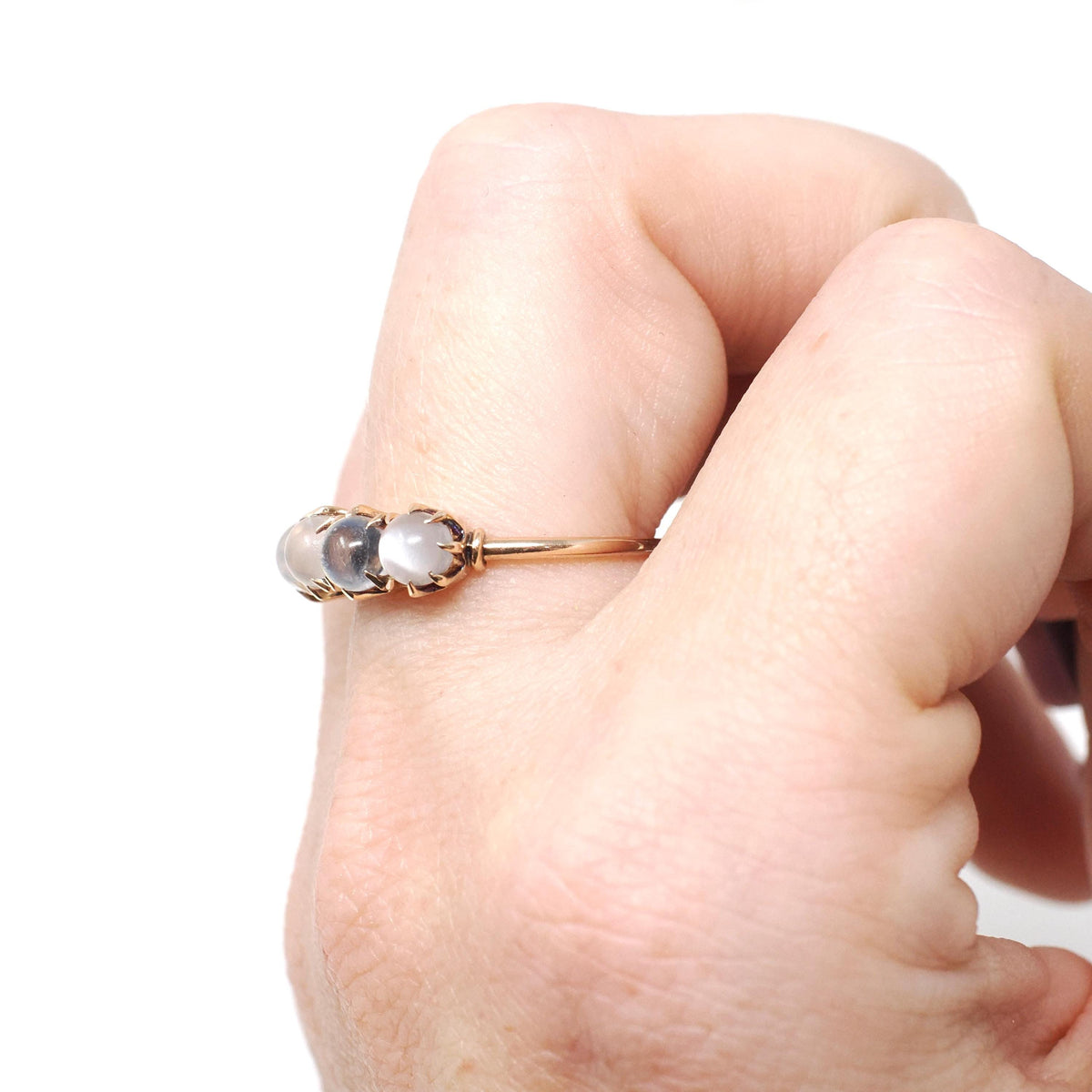 Antique Moonstone Band - Edwardian 14k Yellow Gold Five Spherical Adularescence Gemstones Ring - Circa 1910s Size 6 Fine Statement Jewelry
