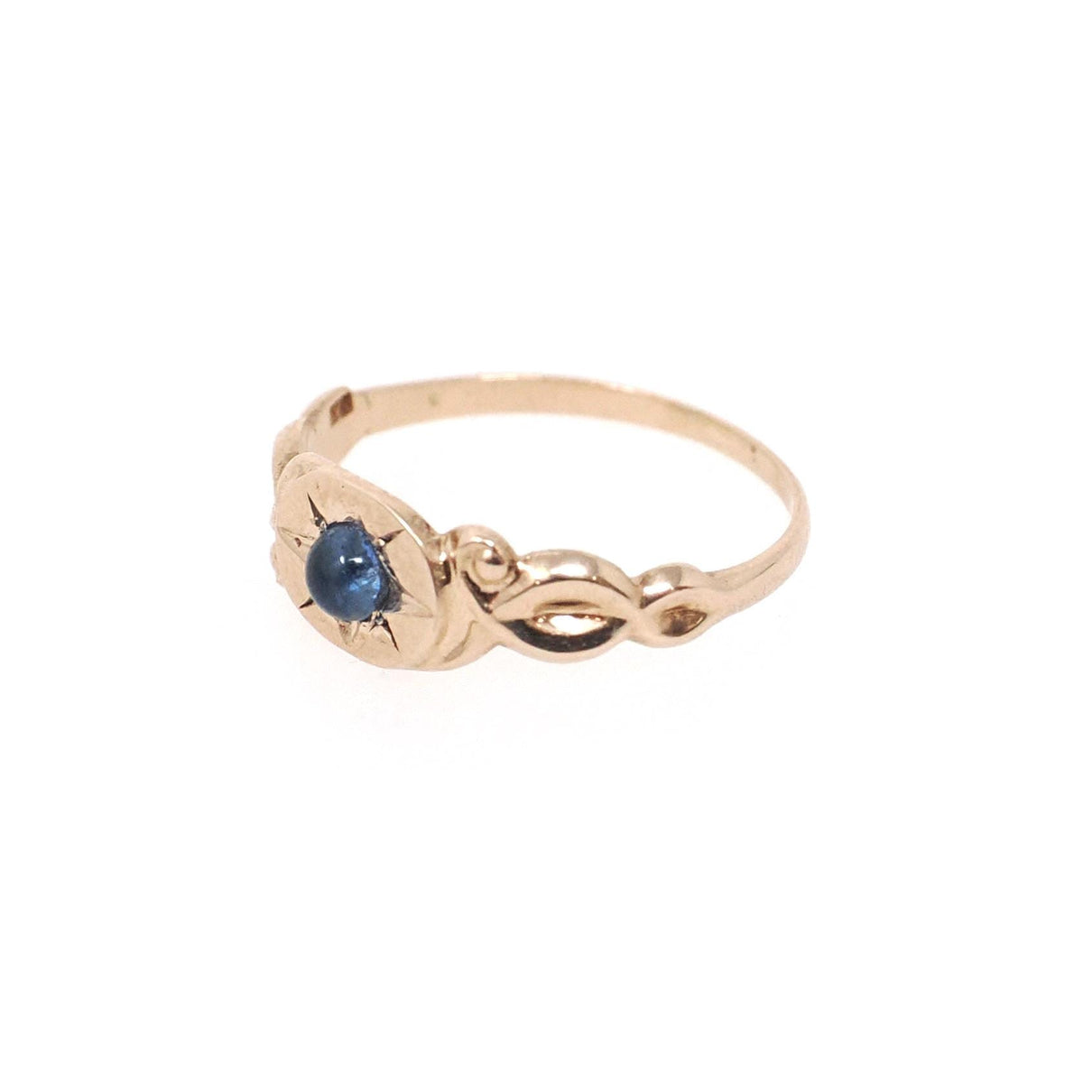 Antique Baby Ring - Edwardian 14k Yellow Gold Star Incised Blue Glass Cabochon Stone - Circa 1910s Size 1 Simulated Sapphire Fine Jewelry