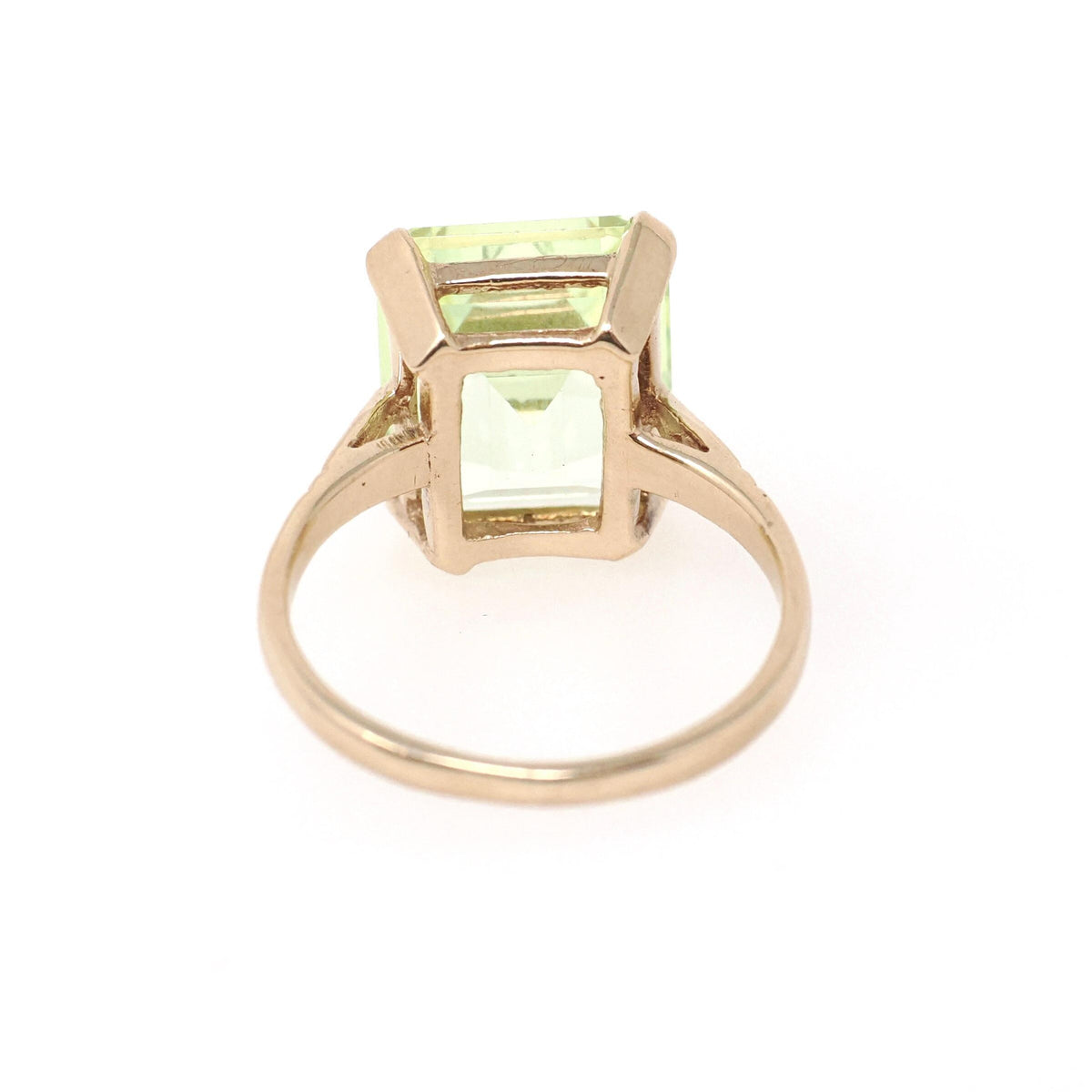 Created Spinel Ring - Mid Century 9k Yellow Gold Emerald Cut Light Green Stone - Hallmarked 1961 Era Size 5 Fine August Birthstone Jewelry