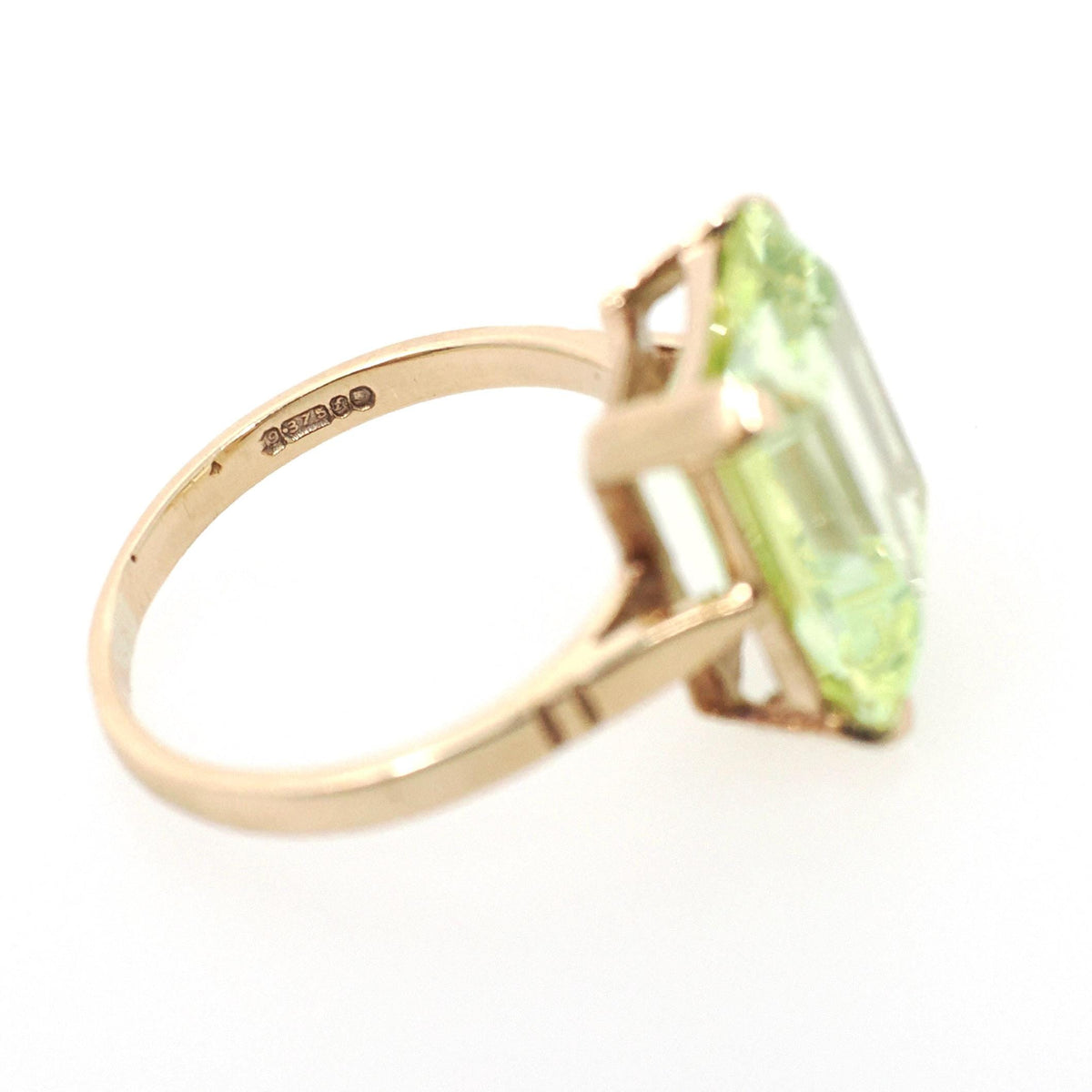 Created Spinel Ring - Mid Century 9k Yellow Gold Emerald Cut Light Green Stone - Hallmarked 1961 Era Size 5 Fine August Birthstone Jewelry