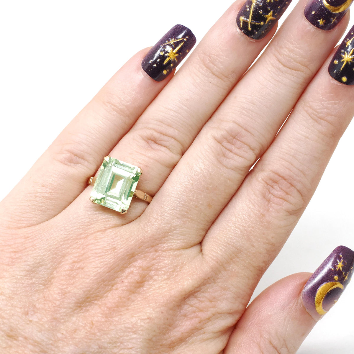 Created Spinel Ring - Mid Century 9k Yellow Gold Emerald Cut Light Green Stone - Hallmarked 1961 Era Size 5 Fine August Birthstone Jewelry