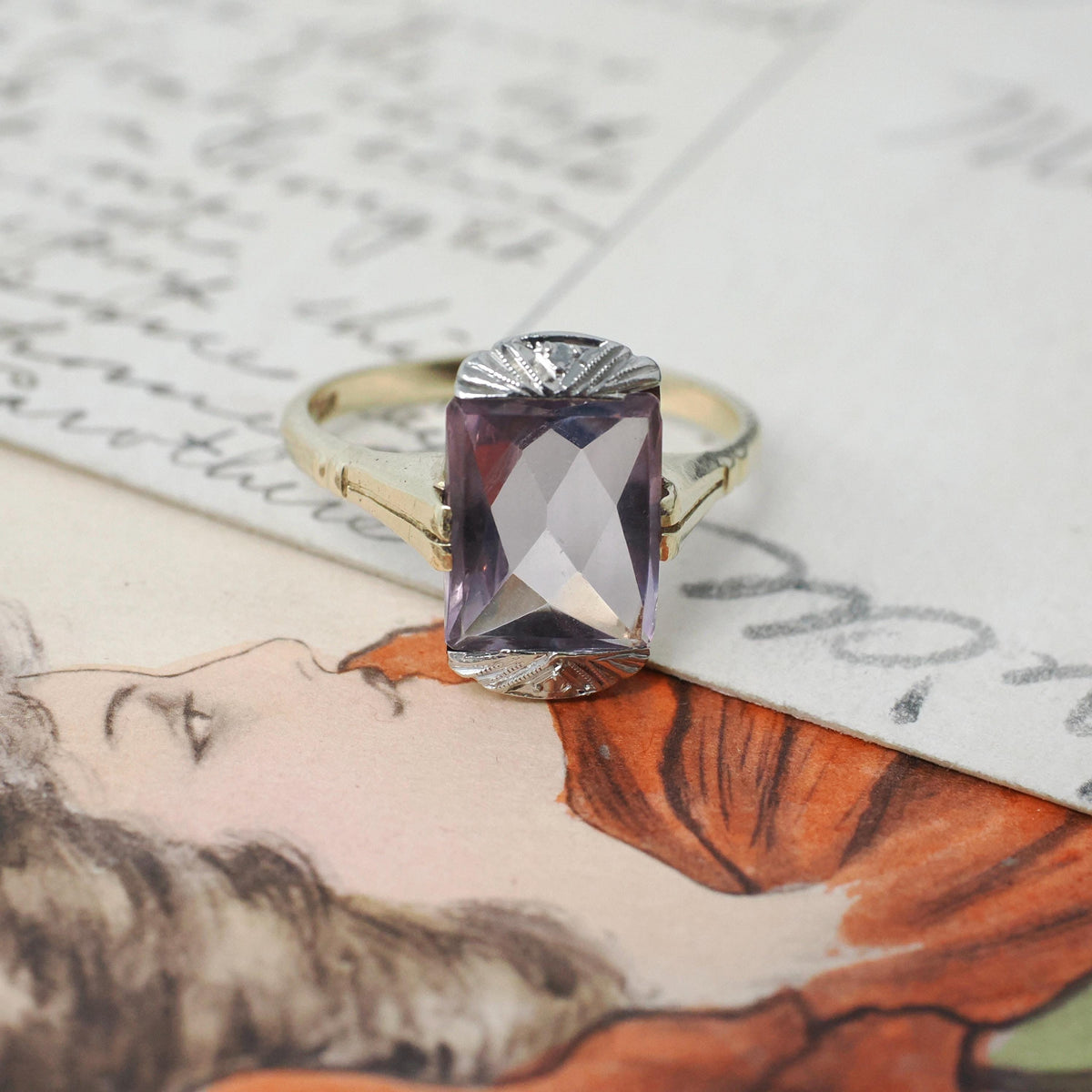 Vintage Amethyst Ring - Retro 10k Yellow And White Gold Fancy Cut Natural Gem - Circa 1940s Size 6 1/2 February Birthstone Fine B&F Jewelry