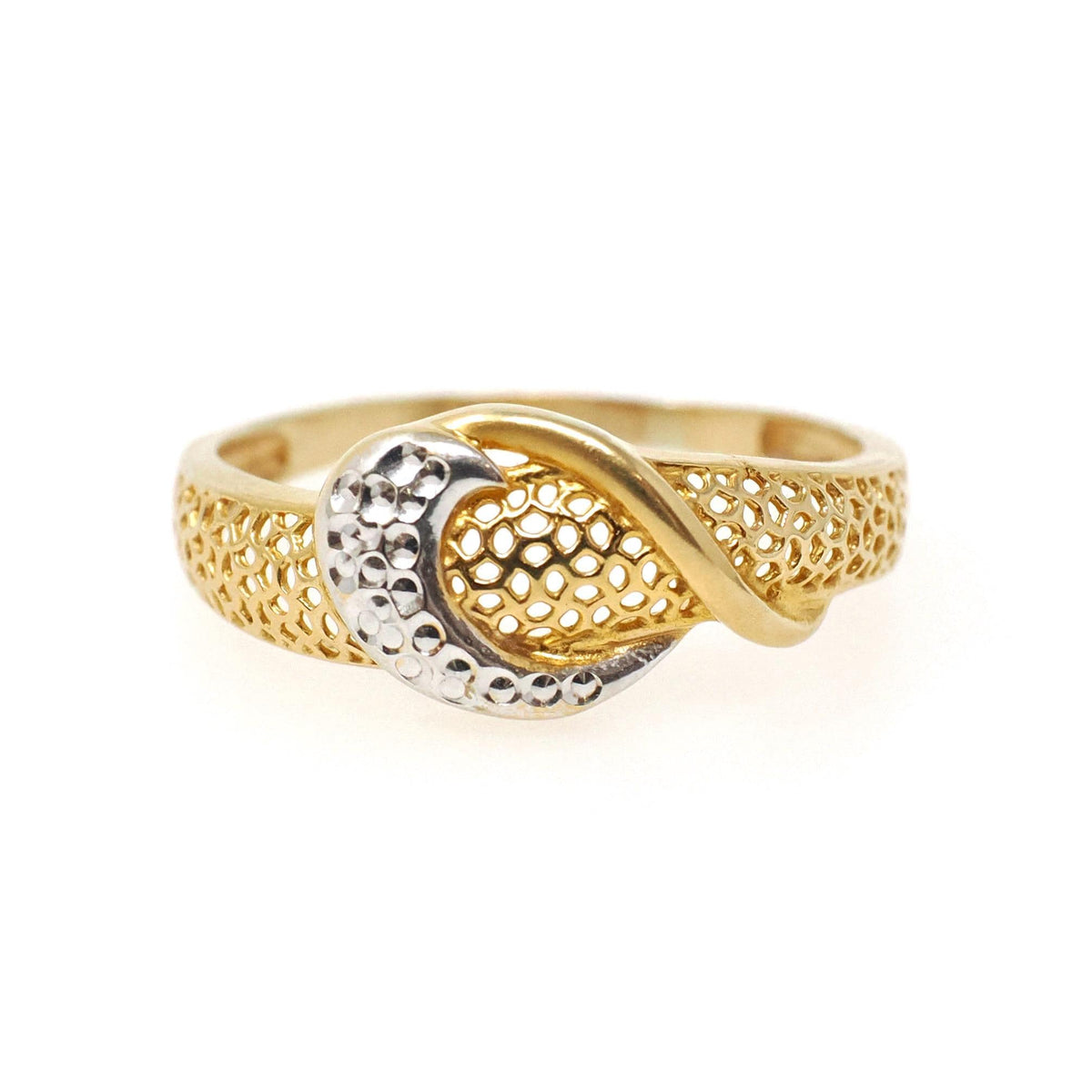 Textured Stacking Ring - Contemporary 18k Yellow Gold Two Tone Pierced Filigree Band - Circa 2000s Era Size 8 Crescent Fine Fashion Jewelry
