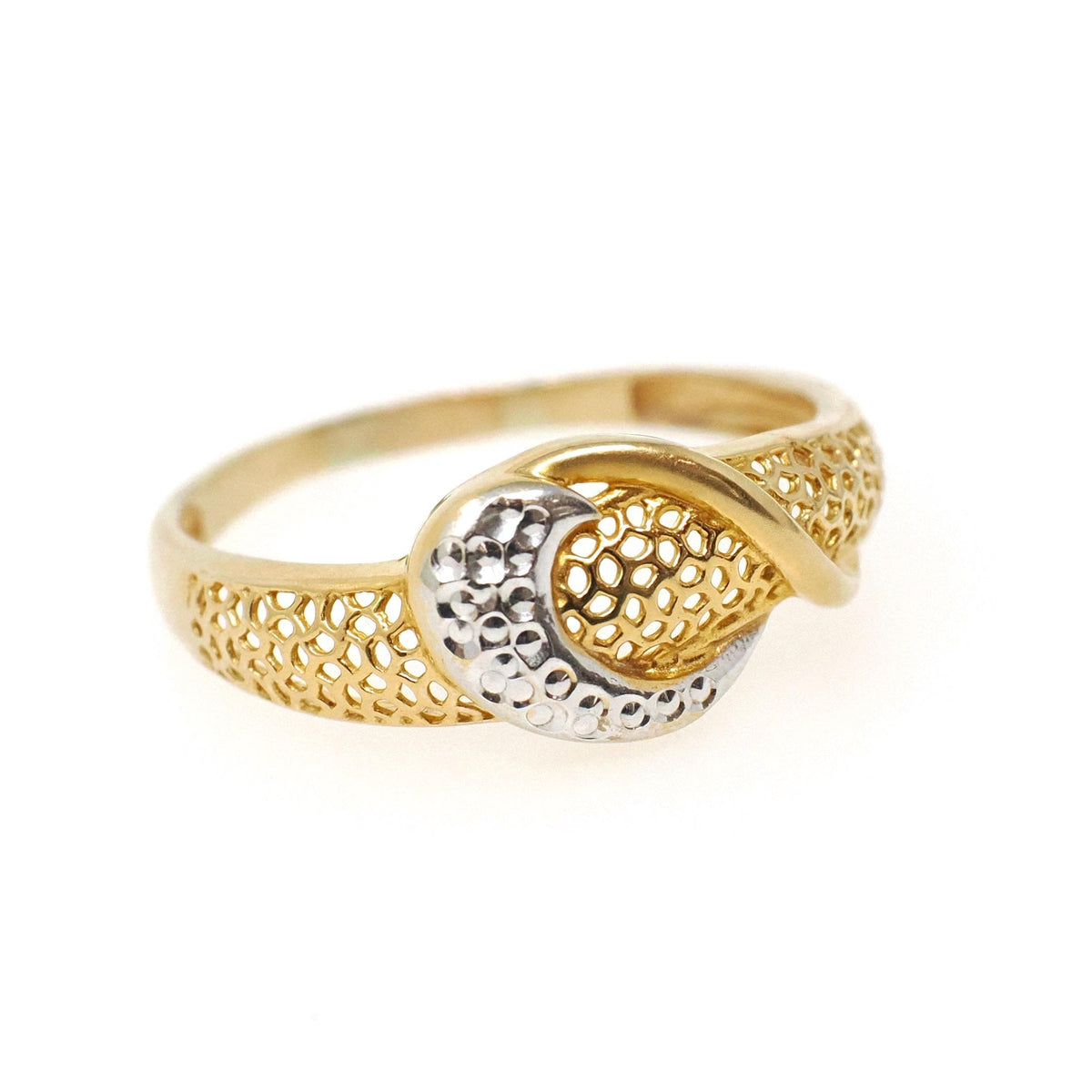 Textured Stacking Ring - Contemporary 18k Yellow Gold Two Tone Pierced Filigree Band - Circa 2000s Era Size 8 Crescent Fine Fashion Jewelry