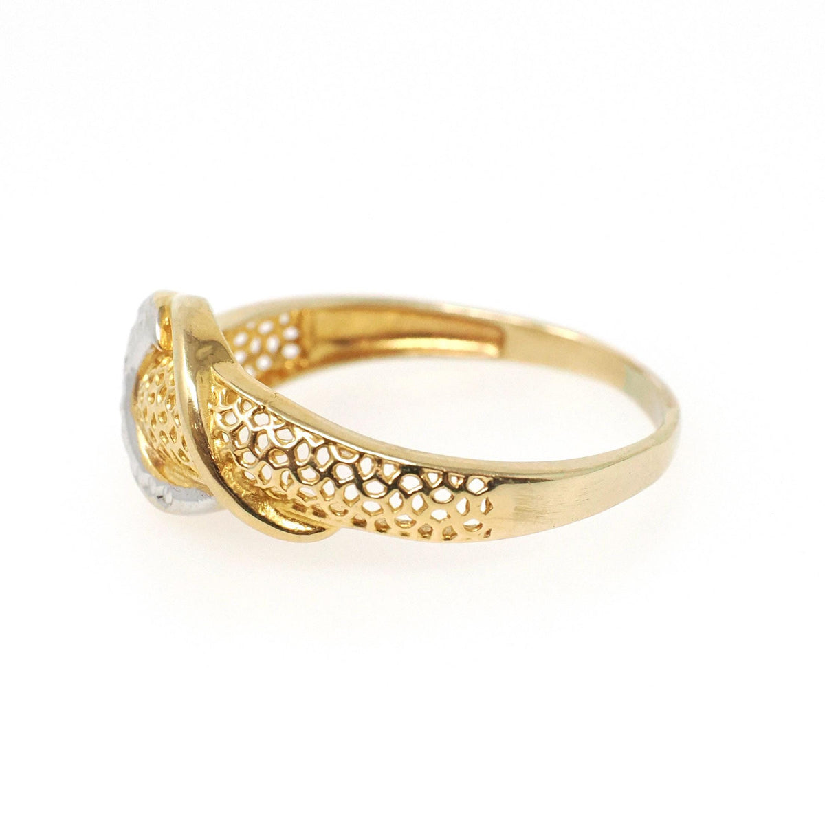 Textured Stacking Ring - Contemporary 18k Yellow Gold Two Tone Pierced Filigree Band - Circa 2000s Era Size 8 Crescent Fine Fashion Jewelry