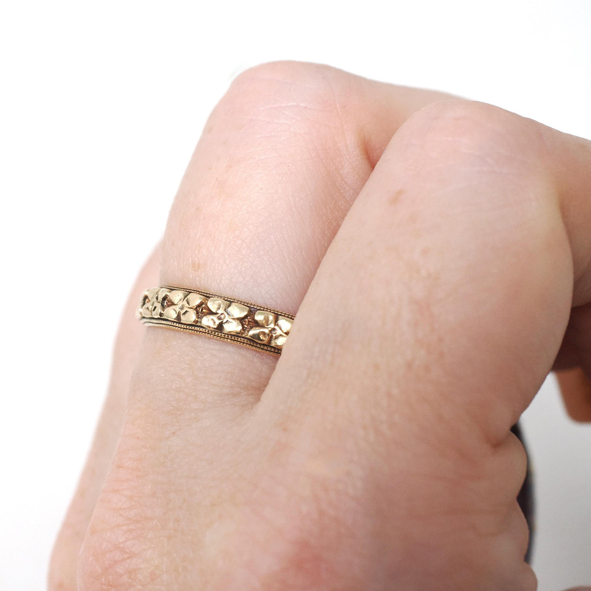 Vintage Orange Blossom Band - Art Deco 14k Yellow Gold 4 MM Floral Eternity Designs Ring - Circa 1930s Era Size 12 1/4 Stacking Fine Jewelry