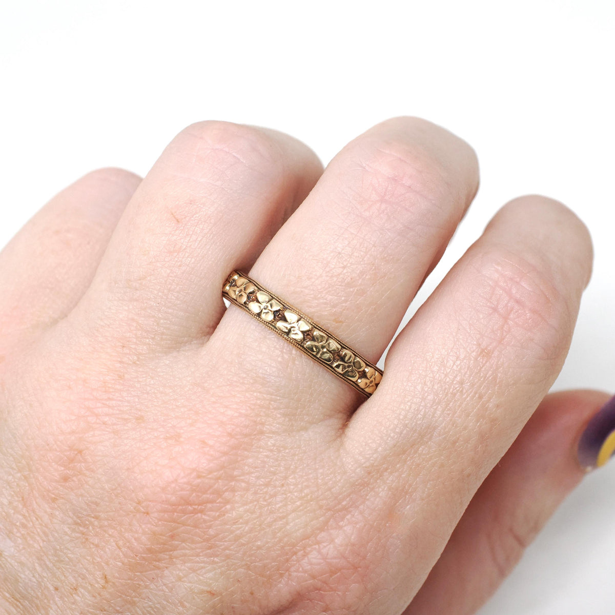 Vintage Orange Blossom Band - Art Deco 14k Yellow Gold 4 MM Floral Eternity Designs Ring - Circa 1930s Era Size 12 1/4 Stacking Fine Jewelry