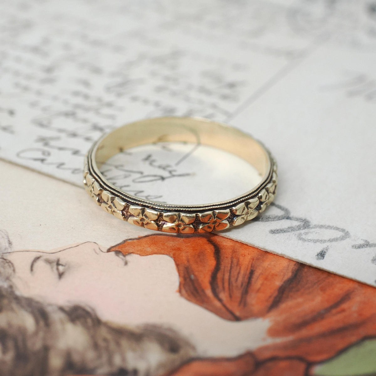 Vintage Orange Blossom Band - Art Deco 14k Yellow Gold 4 MM Floral Eternity Designs Ring - Circa 1930s Era Size 12 1/4 Stacking Fine Jewelry