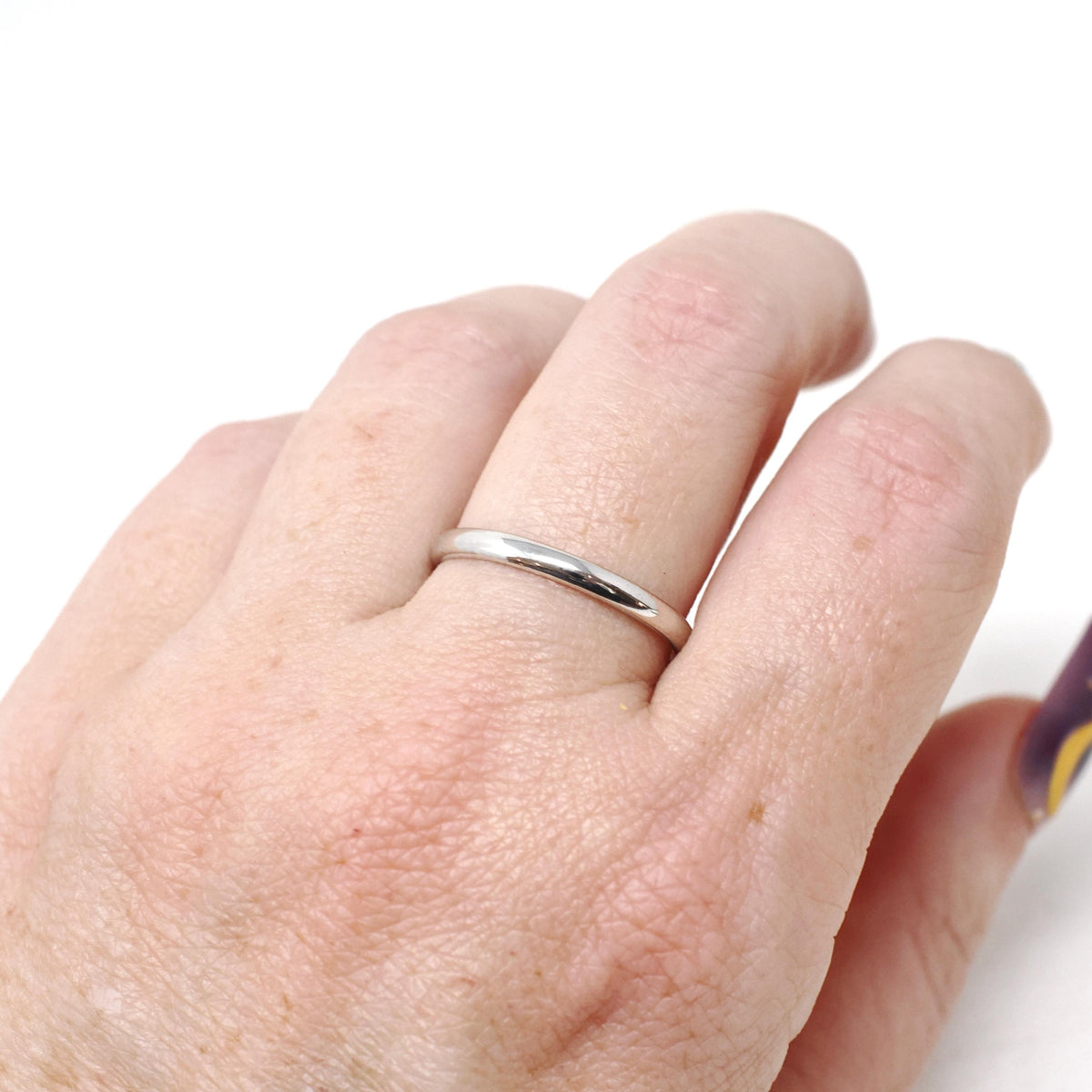 Contemporary Wedding Band - Estate 14k White Gold 2.2 MM Half Round Ring - Vintage Circa 1990s Era Size 8 1/2 Stacking Fine Bridal Jewelry