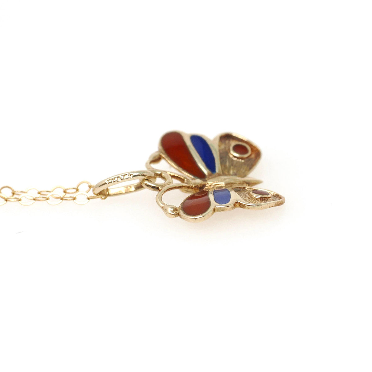 Vintage Butterfly Necklace - Estate 14k Yellow Gold Red Blue Enamel Colorful Pendant Charm - Contemporary Circa 2000s Era Fine Jewelry