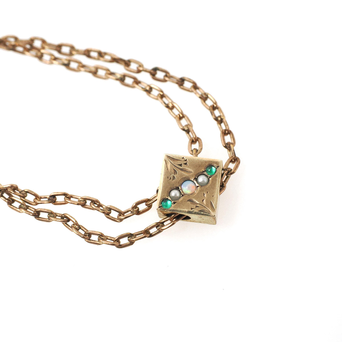 Antique Lorgnette Chain - Edwardian Gold Filled Square Opal Glass Necklace - Vintage Circa 1900s Era Curb Links Dog Clip Charm Slide Jewelry