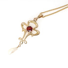 Antique Lavalier Necklace - Edwardian 10k Yellow Gold Natural Red Garnet Baroque Pearl Charm Pendant - Vintage Circa 1910s Era Fine Jewelry