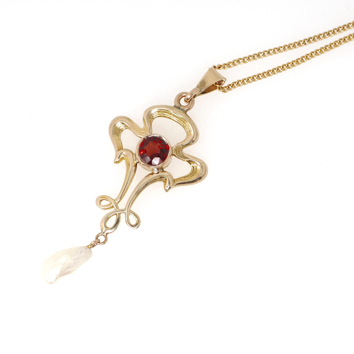 Antique Lavalier Necklace - Edwardian 10k Yellow Gold Natural Red Garnet Baroque Pearl Charm Pendant - Vintage Circa 1910s Era Fine Jewelry