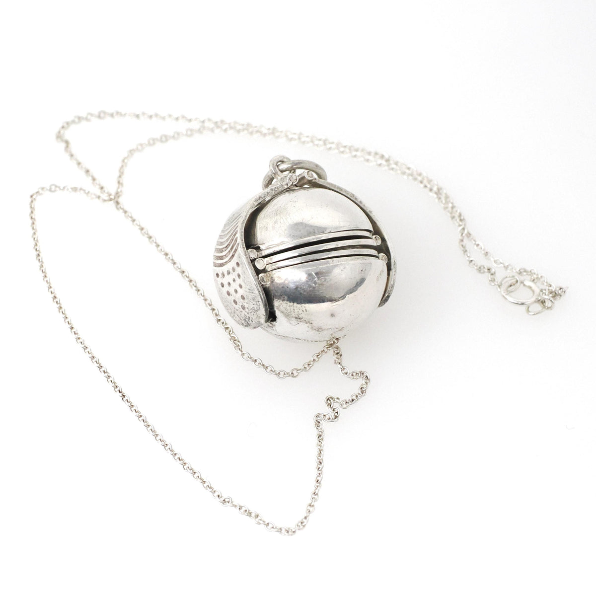 Estate Ball Locket - Modern Sterling Silver Expanding Globe Fob Pendant Necklace - Vintage Hinged Compartment Pendant Open Metal Orb Jewelry