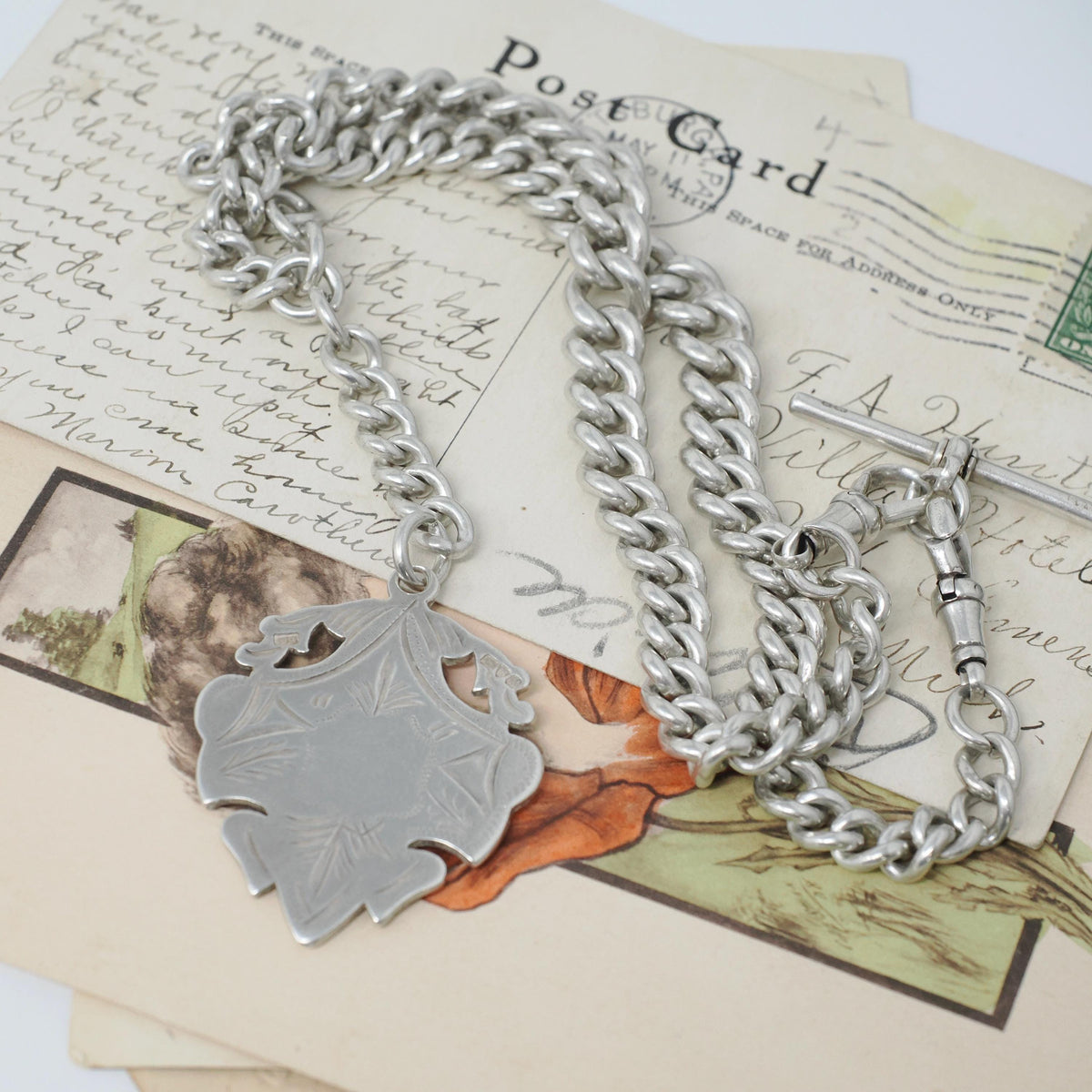 Pocket Watch Chain & Fob - Late Victorian Edwardian Sterling Silver English Hallmark Curb Link Necklace - Antique Circa 1900s Fine Jewelry