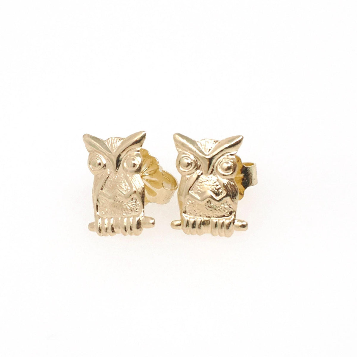 Figural Owl Earrings - Contemporary 14k Yellow Gold Friction Post Push Back Studs - Estate 2000s Perched Bird & Branch Dainty Fine Jewelry
