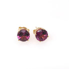 Rhodolite Garnet Earrings - Contemporary 14k Yellow Gold Pierced Push Backs Studs - Circa 2000's Round Faceted 2.96 CTW Gems Fine Jewelry