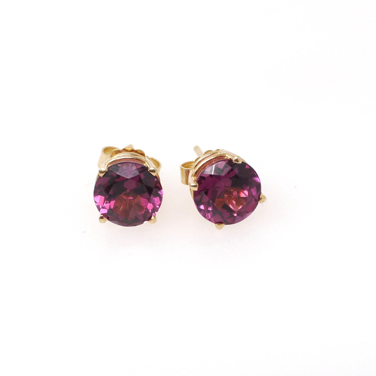 Rhodolite Garnet Earrings - Contemporary 14k Yellow Gold Pierced Push Backs Studs - Circa 2000's Round Faceted 2.96 CTW Gems Fine Jewelry