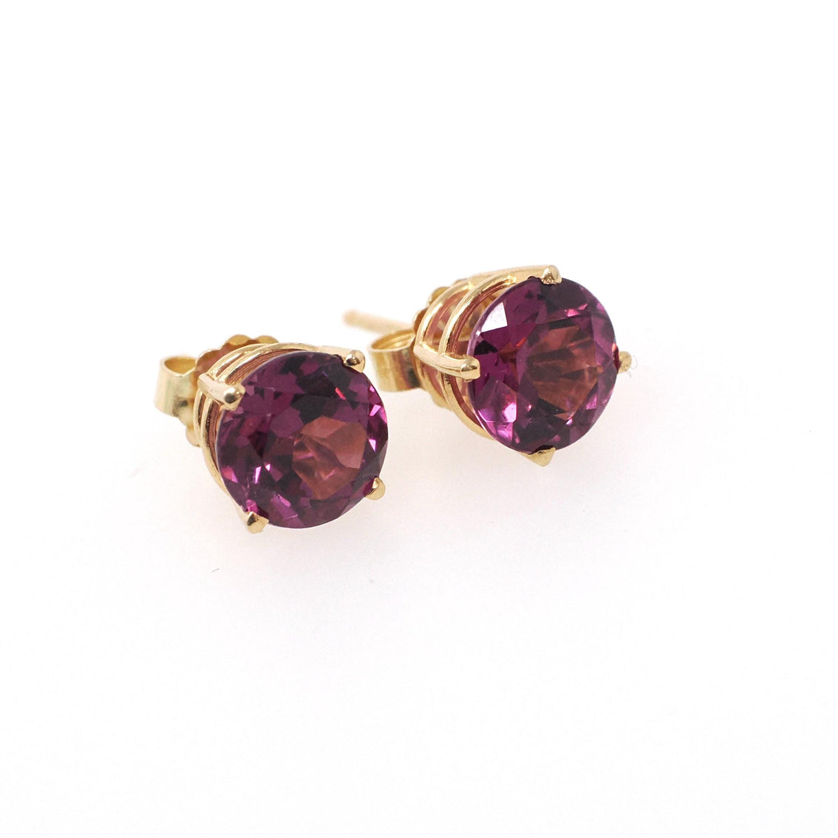 Rhodolite Garnet Earrings - Contemporary 14k Yellow Gold Pierced Push Backs Studs - Circa 2000's Round Faceted 2.96 CTW Gems Fine Jewelry