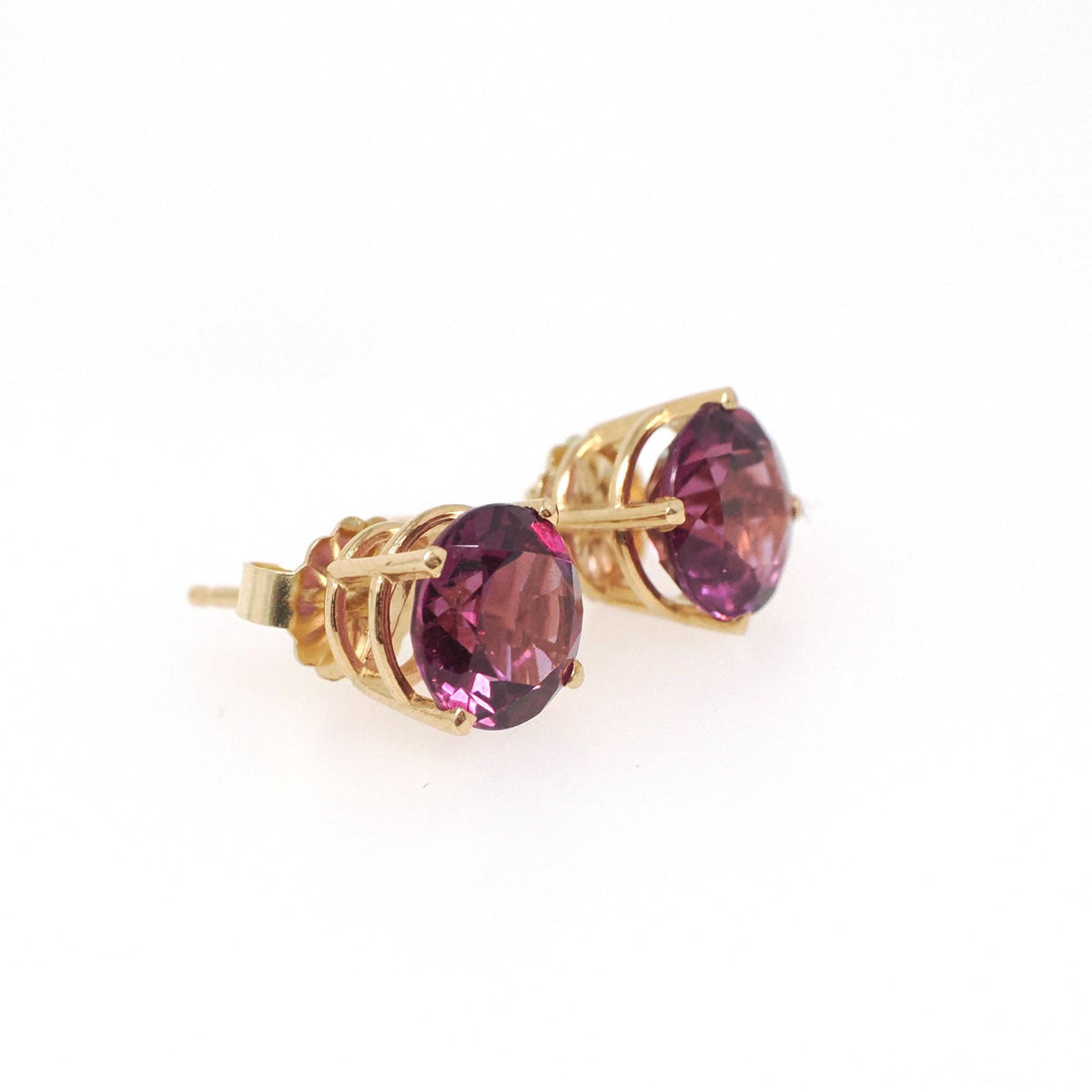 Rhodolite Garnet Earrings - Contemporary 14k Yellow Gold Pierced Push Backs Studs - Circa 2000's Round Faceted 2.96 CTW Gems Fine Jewelry