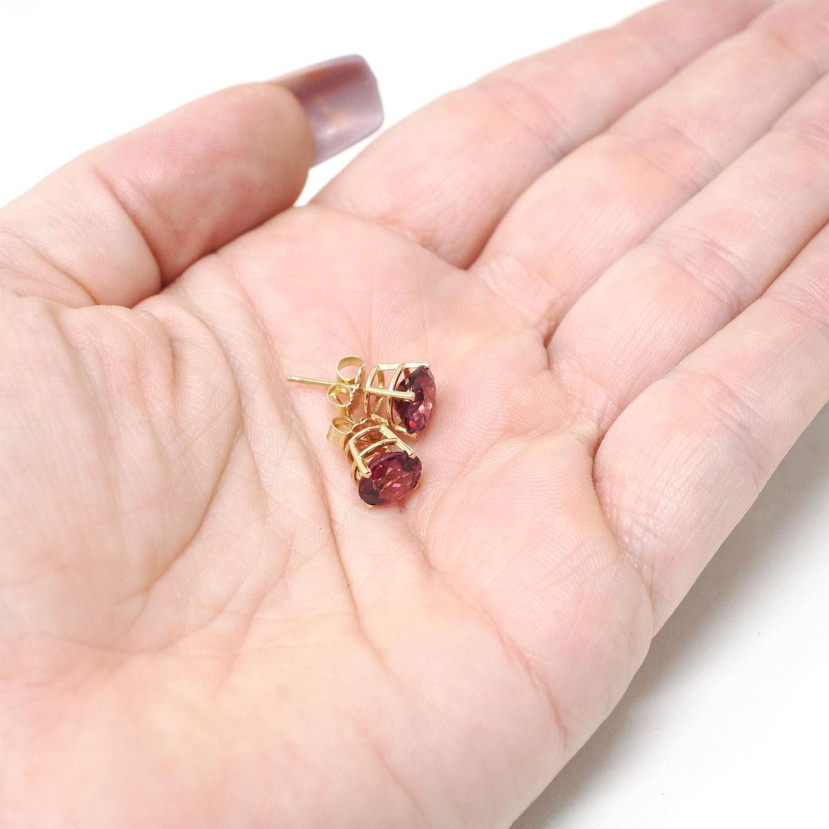 Rhodolite Garnet Earrings - Contemporary 14k Yellow Gold Pierced Push Backs Studs - Circa 2000's Round Faceted 2.96 CTW Gems Fine Jewelry