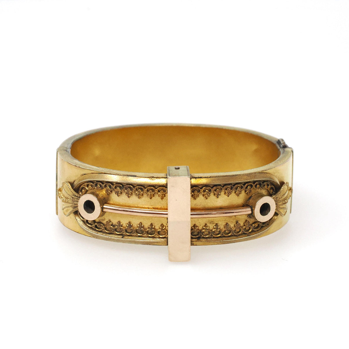 Etruscan Revival Bracelet - Victorian Gold Filled Industrial Style Hinged Bangle Design - Circa 1880s Era Filigree Patina Fashion Jewelry