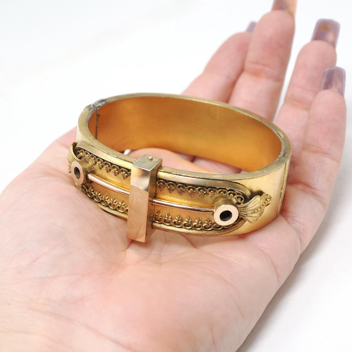 Etruscan Revival Bracelet - Victorian Gold Filled Industrial Style Hinged Bangle Design - Circa 1880s Era Filigree Patina Fashion Jewelry