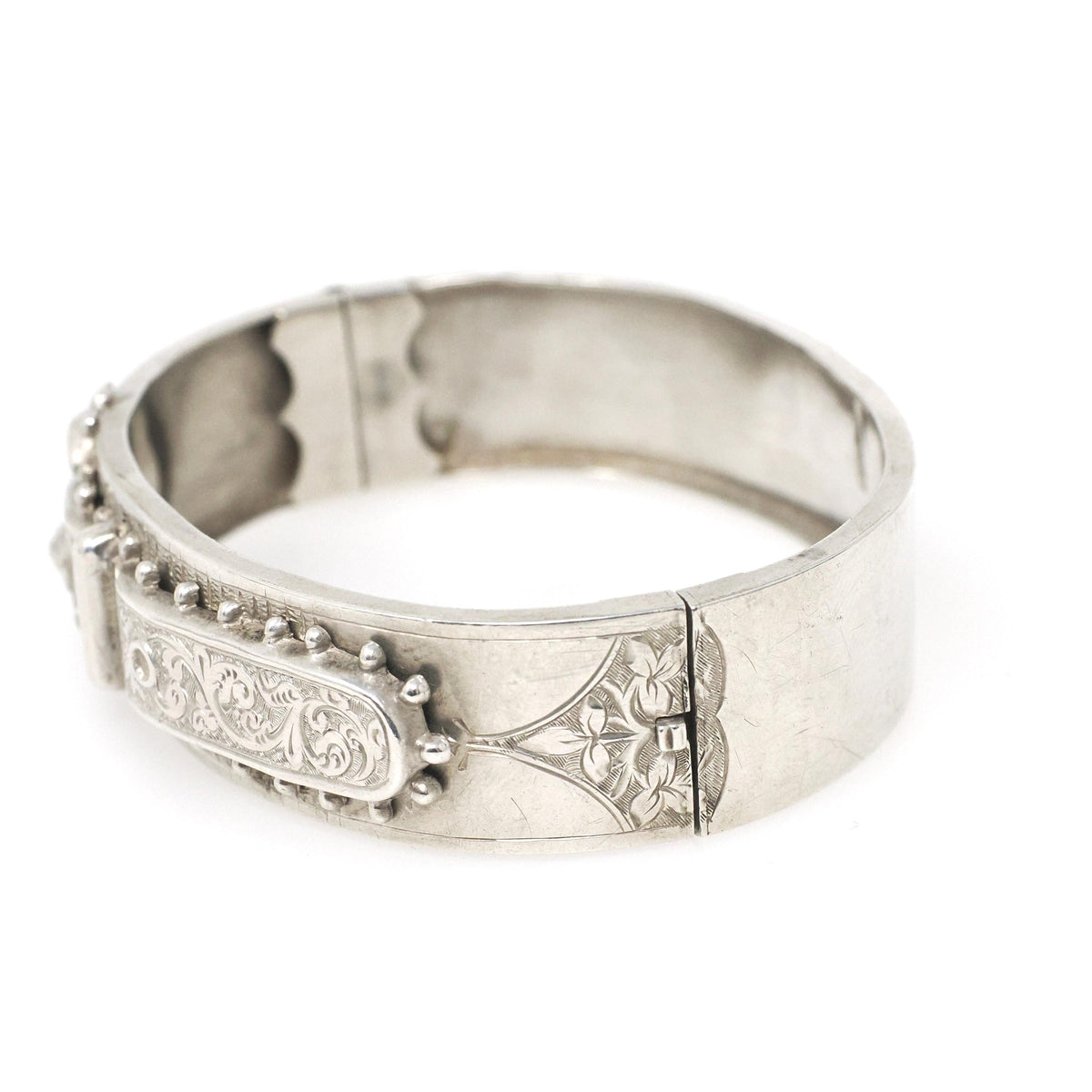 English Buckle Bracelet- Antique Sterling Silver Dated 1887 Engraved Floral Paisley Bangle - Victorian Era Birmingham Fine Statement Jewelry