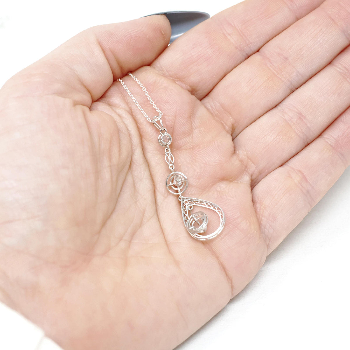 Art Deco Diamond Lavalier - Vintage 14k White Gold Natural .19 CTW Filigree Drop Pendant - Circa 1930s Era April Birthstone Fine Jewelry