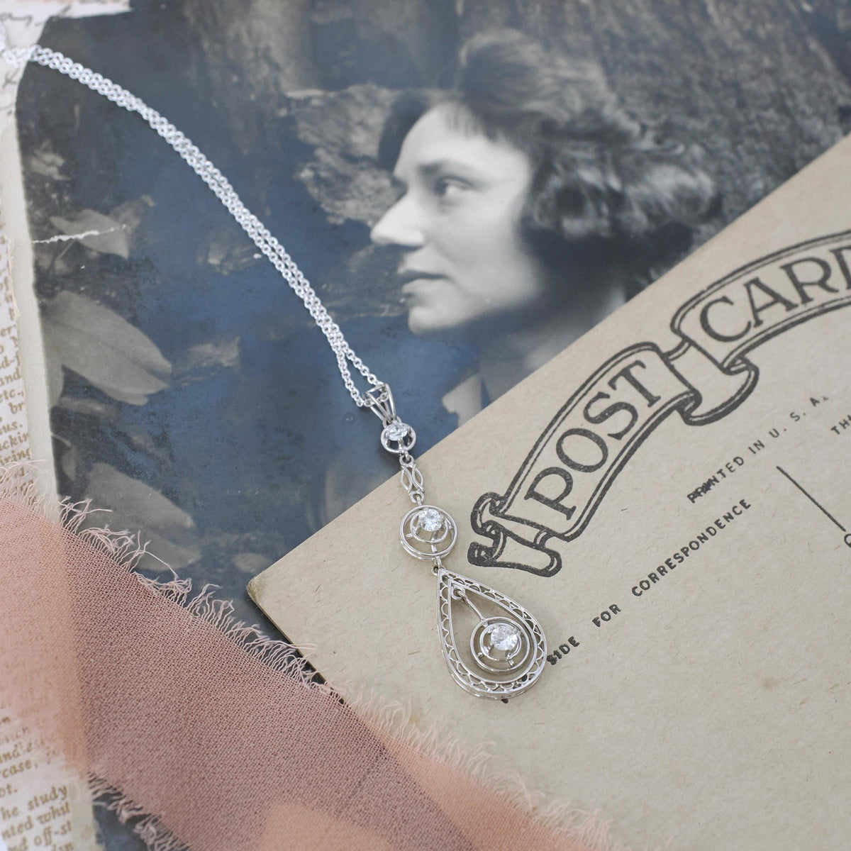 Art Deco Diamond Lavalier - Vintage 14k White Gold Natural .19 CTW Filigree Drop Pendant - Circa 1930s Era April Birthstone Fine Jewelry