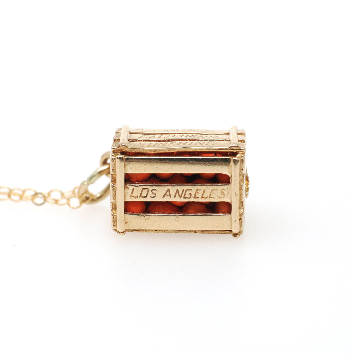 Vintage Orange Crate Charm - Estate 14k Yellow Gold Box of Citrus California Souvenir Pendant Necklace - Circa 1980s Quirky Fine 80s Jewelry
