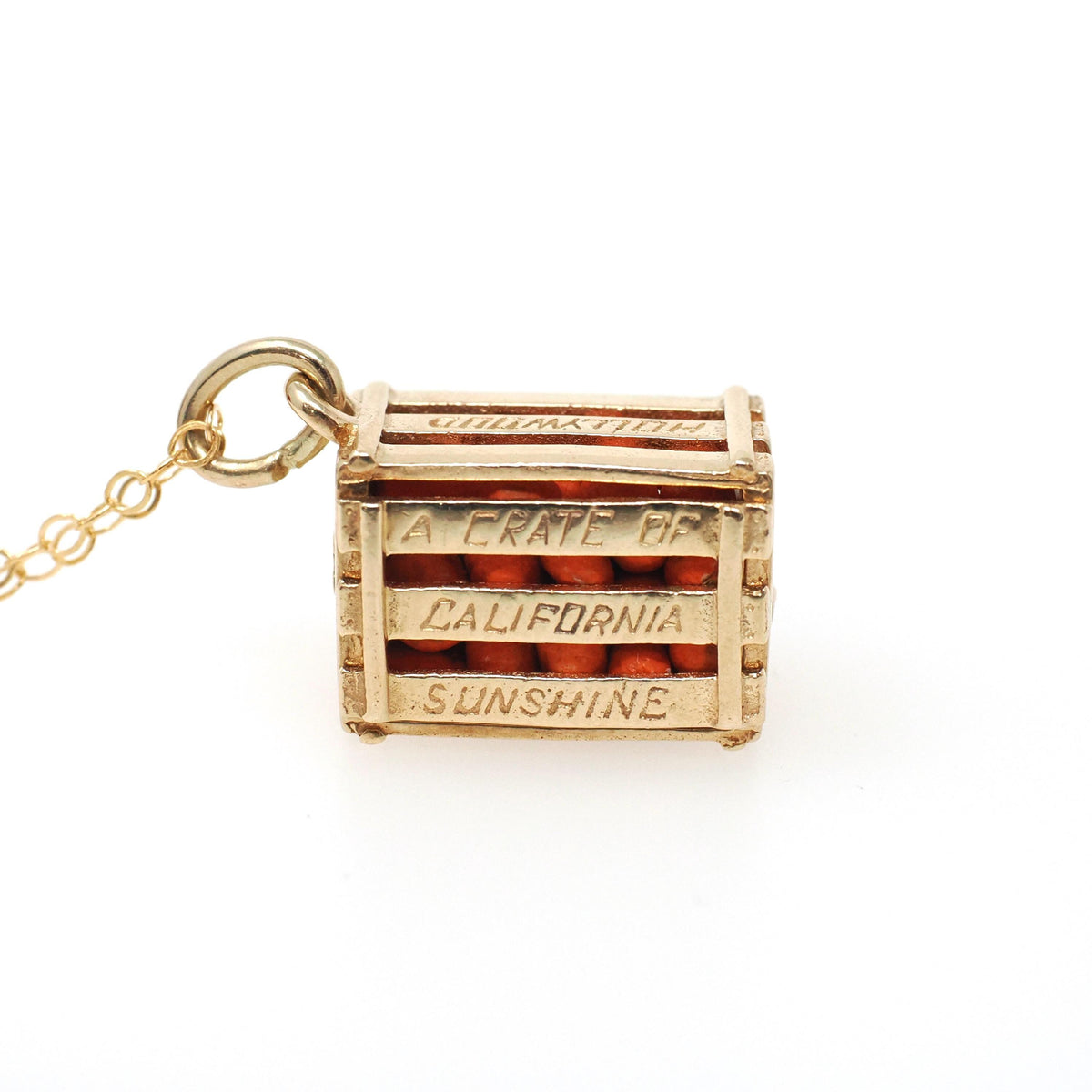 Vintage Orange Crate Charm - Estate 14k Yellow Gold Box of Citrus California Souvenir Pendant Necklace - Circa 1980s Quirky Fine 80s Jewelry