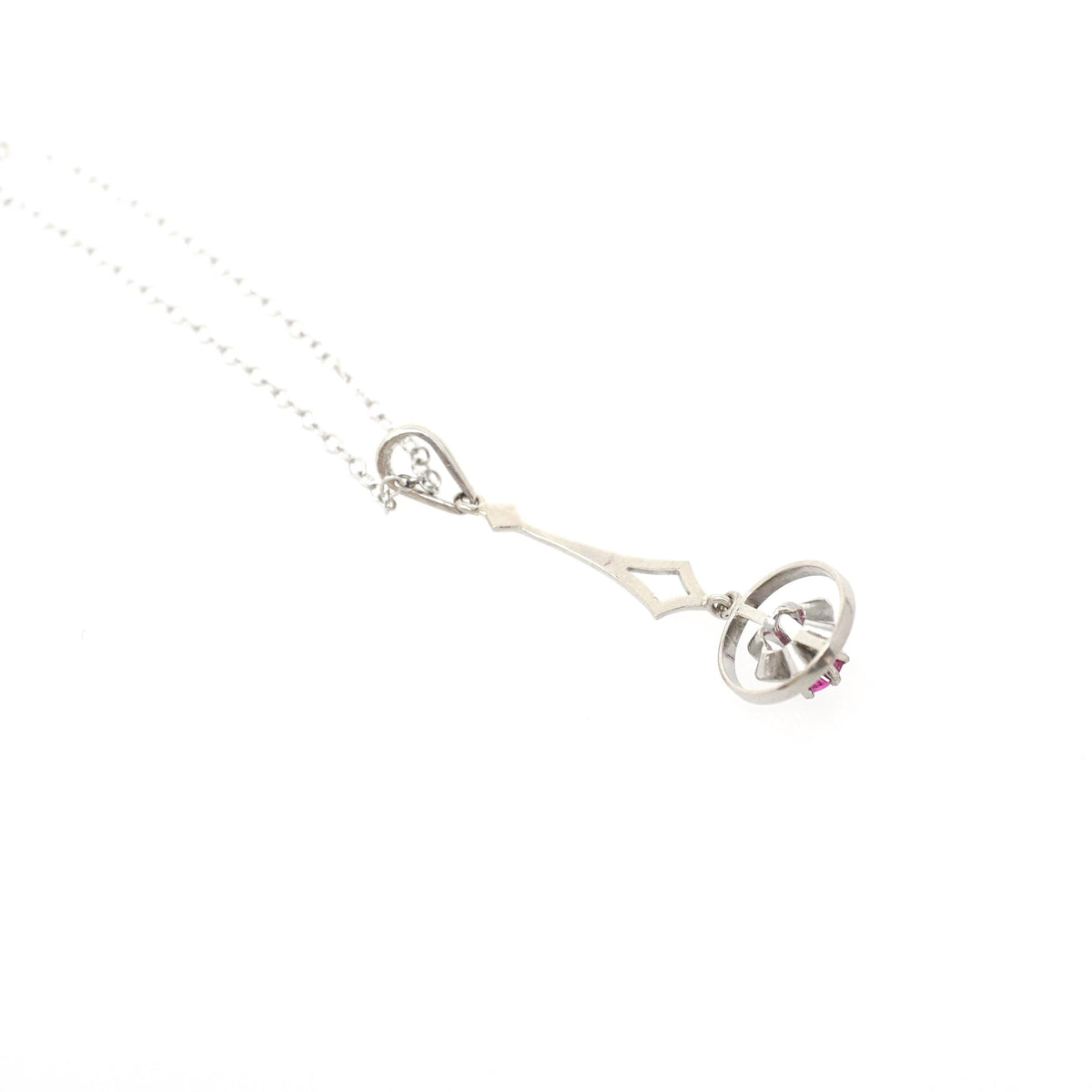 Art Deco Pendant - Vintage 14k White Gold Created Red Ruby Gemstone Charm Necklace - Circa 1930s Buttercup Lavalier Fine Statement Jewelry