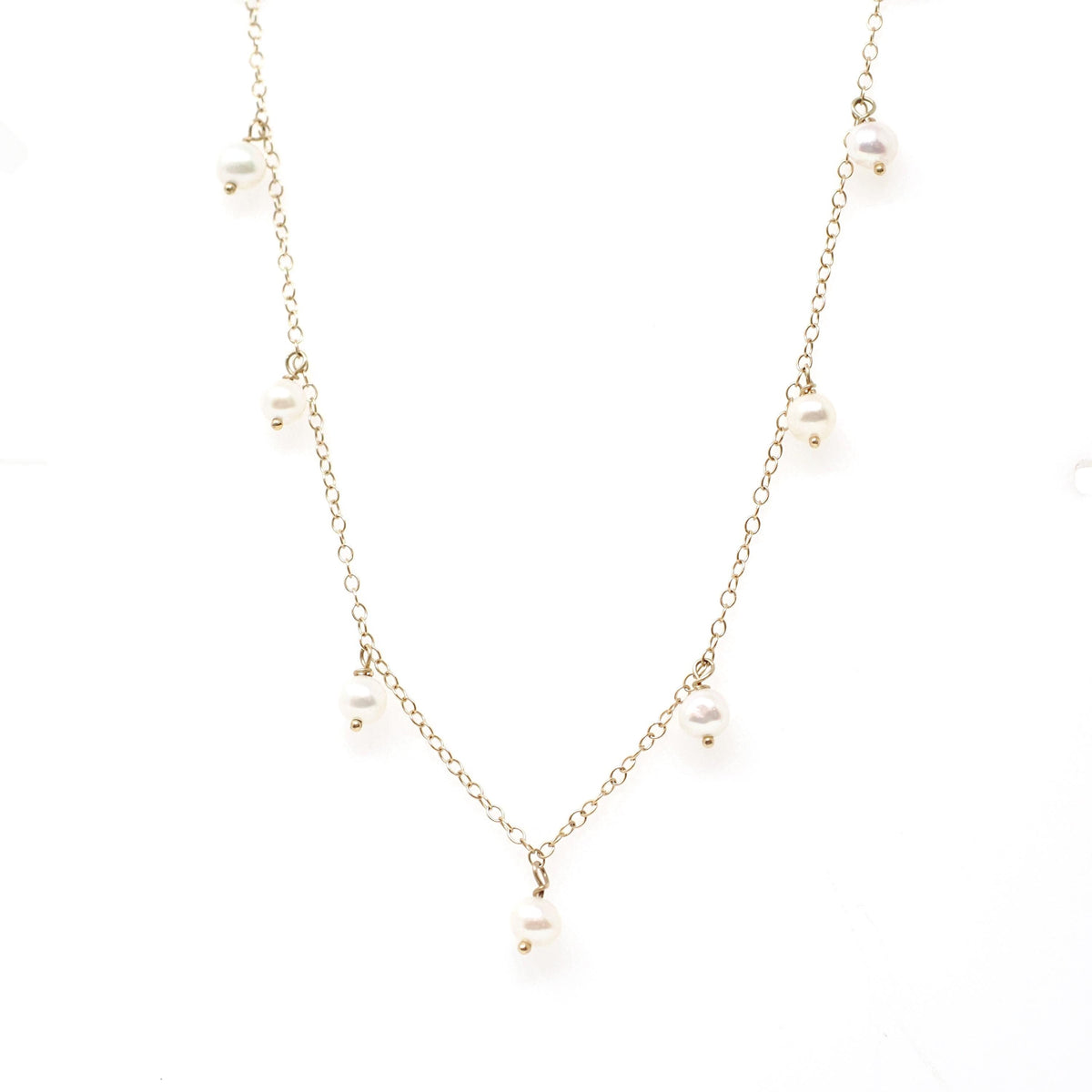 Cultured Pearl Necklace - Contemporary 14k Yellow Gold Dangling Dainty Fringe Cable Link Chain - Circa 1990s Era 18 Inch Fine Luster Jewelry