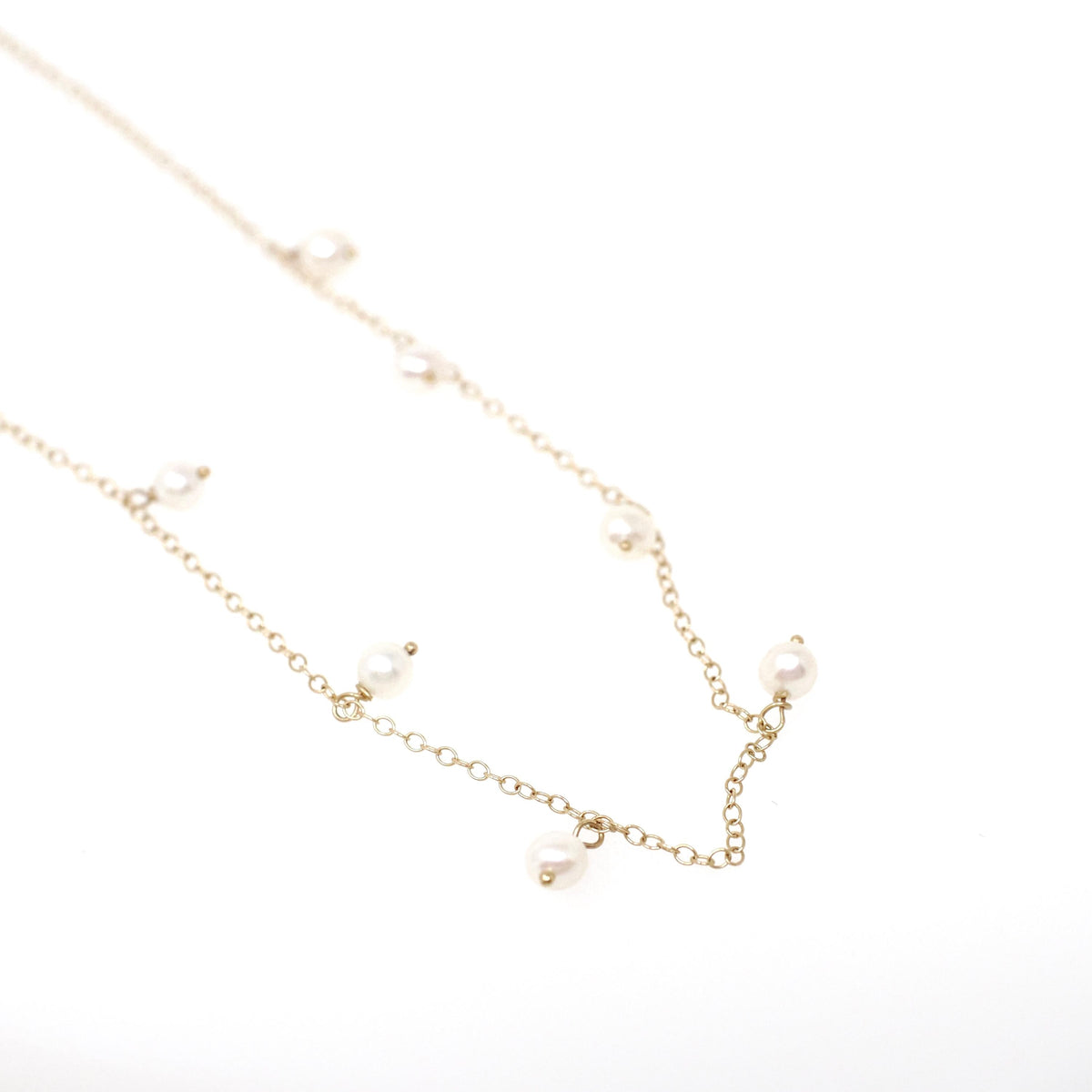 Cultured Pearl Necklace - Contemporary 14k Yellow Gold Dangling Dainty Fringe Cable Link Chain - Circa 1990s Era 18 Inch Fine Luster Jewelry