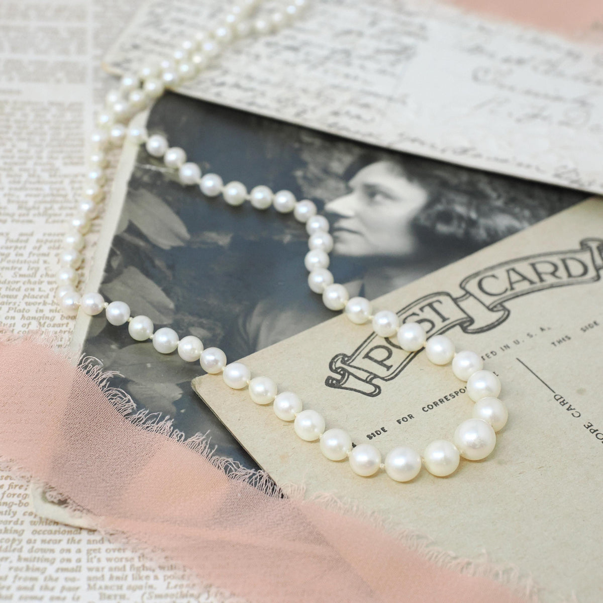 Cultured Pearl Necklace - Mid Century 14k & 10k White Gold Individually Knotted Graduated Strand - Vintage Circa 1950s Era Statement Jewelry